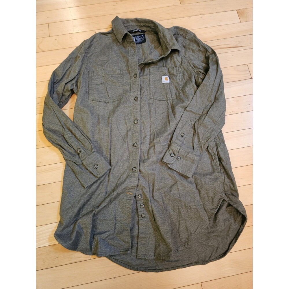 Carhartt Rugged Flex Flannel Tunic Shirt Womens Large Olive Green Button Front L
